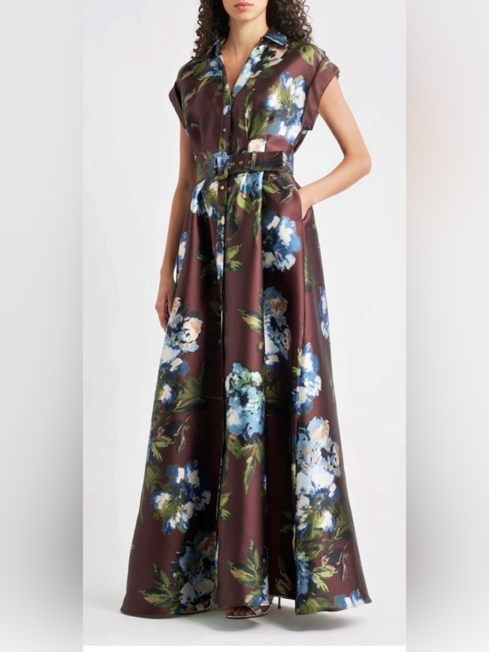 Julia Jordan Floral Print Belted Satin Gown Maxi Dress in Brown & Blue
